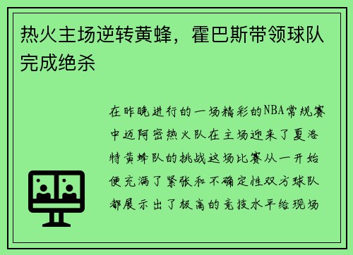 热火主场逆转黄蜂，霍巴斯带领球队完成绝杀